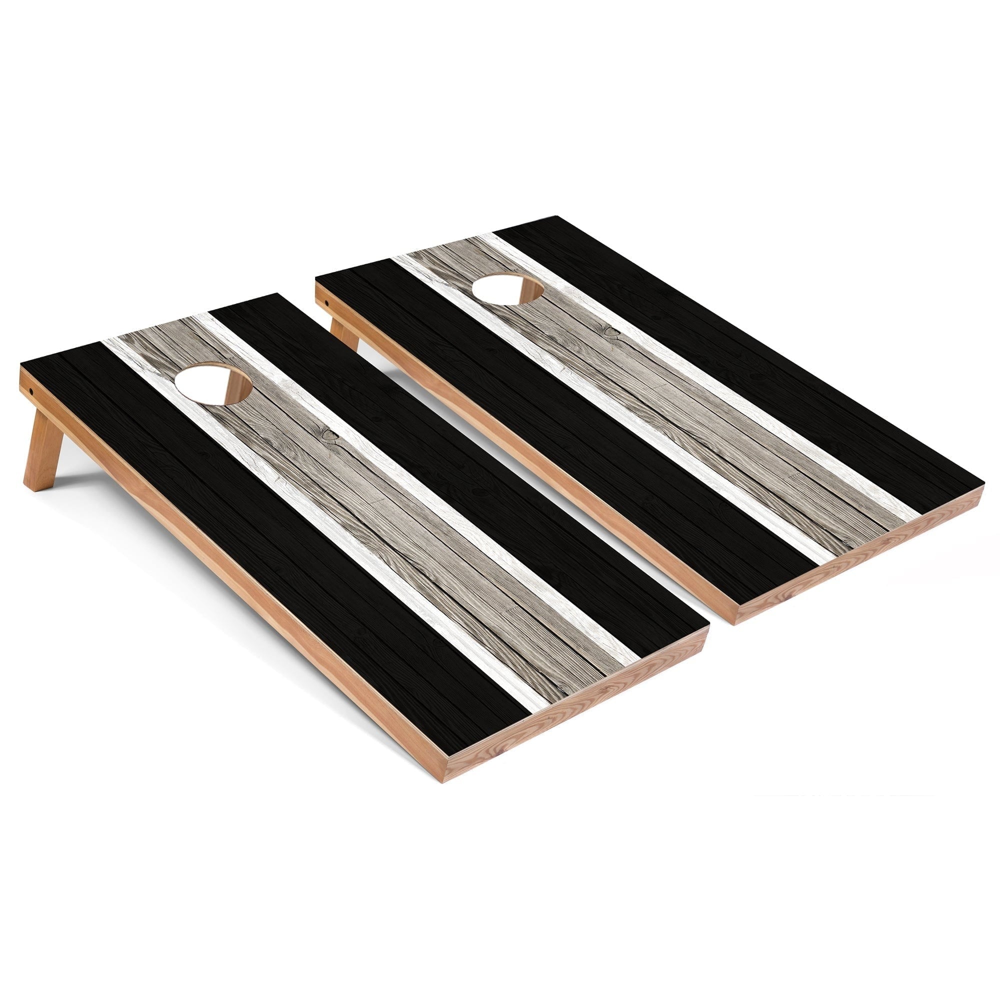 Solid Wood Cornhole Boards - Black Stripes Design
