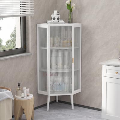 22.25" Floor Coner Cabinet, Three Tiers with Tempered Glass Doors and Storage Shelves for Bathroom, Living Room and Bedroom