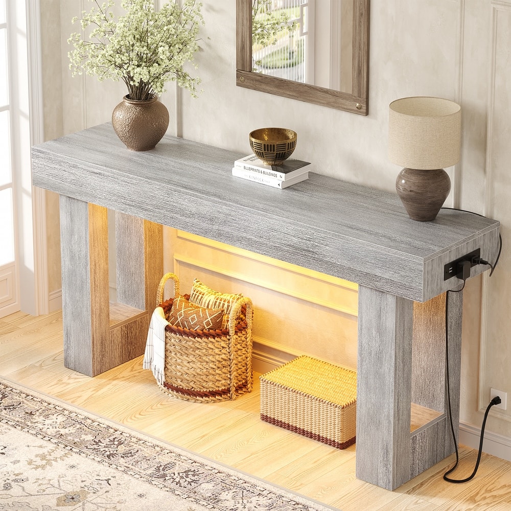 63'' Console Table with Motion Sensor Light and Charging Station, Modern Farmhouse Entryway Table