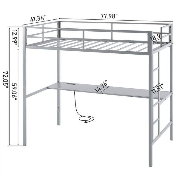 dimension image slide 0 of 4, Twin Square Tube Raised Bed With Table Outlet LED Light Strip Iron Bed USA