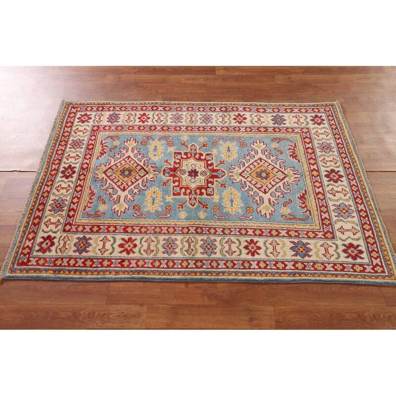 Light Blue Kazak Accent Rug Hand-Knotted Geometric Wool Carpet - 3'4"x 4'11"