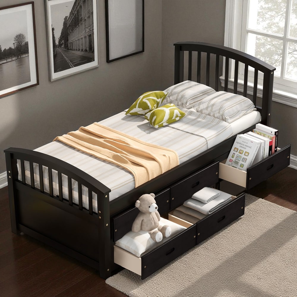 Twin Size Solid Wood Platform Bed with 6 Storage Drawers, Pine Wood Frame with Slats, No Box Spring Needed