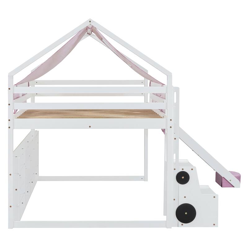 Full Loft Bed with Play Tent and House Design, 400lb Capacity, Slide & Ladder