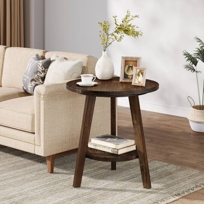 Solid Wood End Table, 2 Tiers Round Side Table, Farmhouse Nightstand