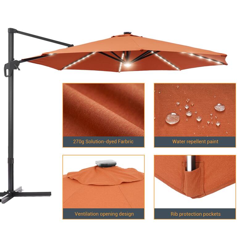 LIVOOSUN 11FT LED Patio Cantilever Umbrella w/Cross Base