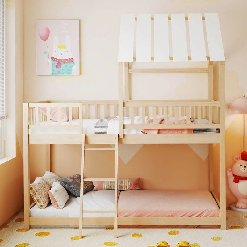 Costway Twin Over Twin House Bunk Bed with Roof, Ladder & Full-length