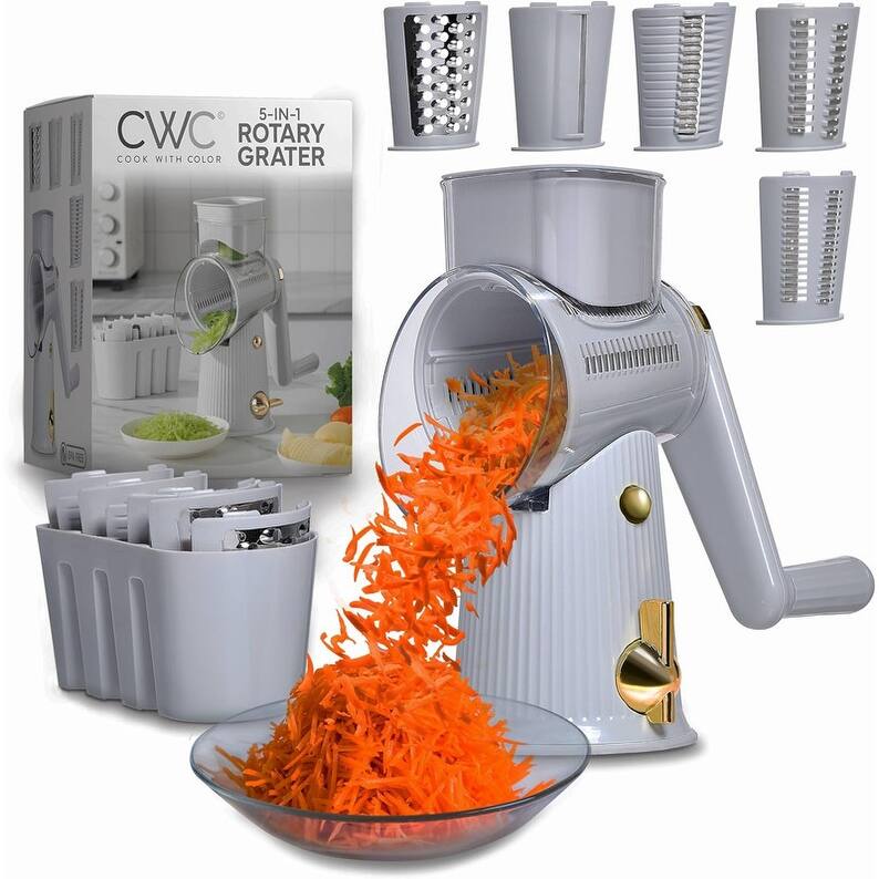 COOK WITH COLOR Rotary Cheese Grater with Handle Counter Suction Base 5 Blade Cheese Shredder Vegetable Chopper and Mandolin - Silver
