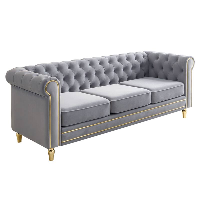 Chesterfield Velvet Sofa 84.65 Inch For Living Room Light Grey Color