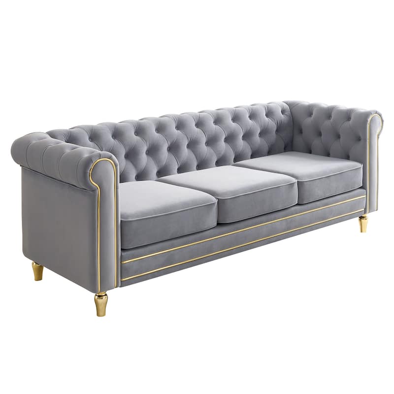 Chesterfield Velvet Sofa with Golden Decorative Strip for Living Room