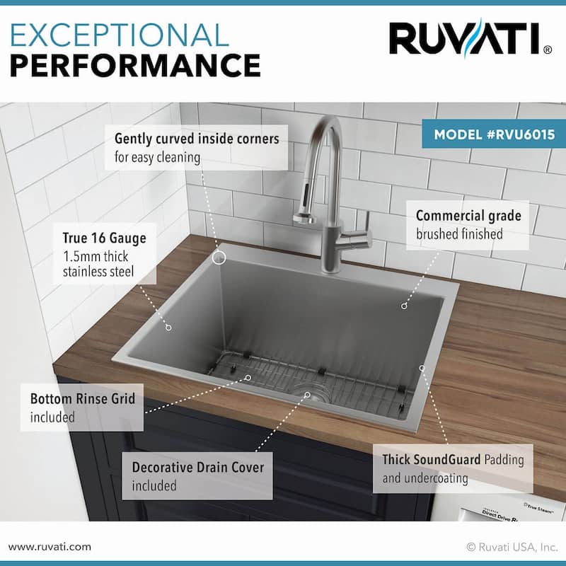Ruvati Topmount Laundry Utility Sink 25" x 22" x 12" Tight Radius Deep 16 Gauge Stainless Steel - RVU6015