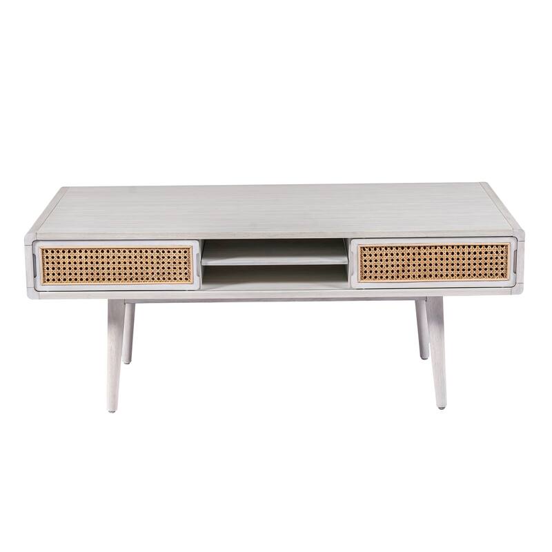 Camy Coffee Table, Brown Cane Woven Doors, Open Shelf, White 48 Inch
