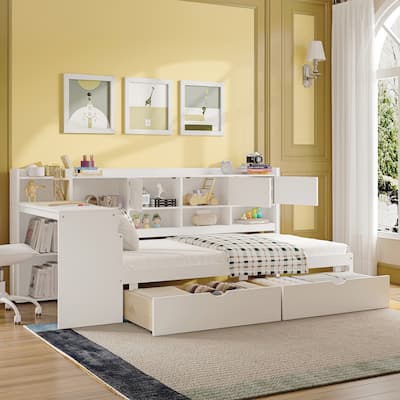 L-Shape Storage Headboard Daybed Sofa Bed, Wooden Panel Bed Frame with Study Desk and 2 Storage Drawers