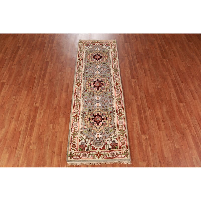 Gray Geometric Heriz Serapi Oriental Runner Rug Handmade Wool Carpet - 2'7" x 7'11"