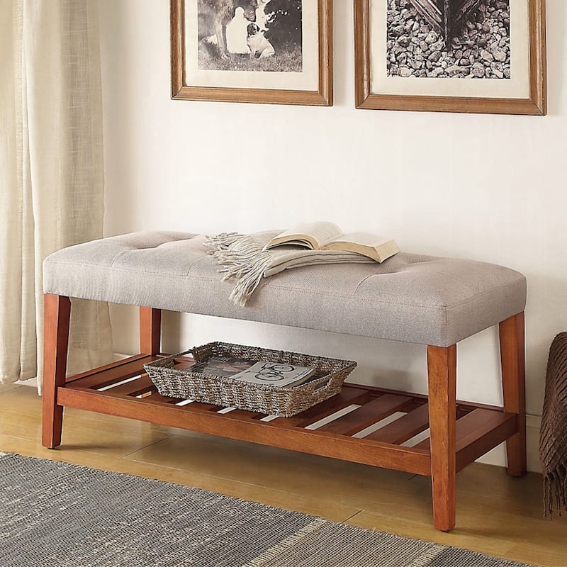 Fabric Upholstered Bench with Open Storage, Blue and Oak
