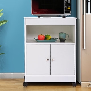 Beech Wood Microwave Cart Kitchen Cabinet with Wheels and Storage Drawer