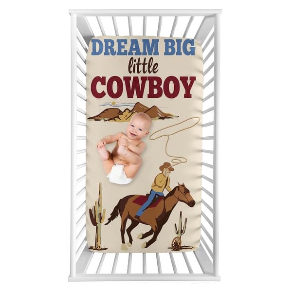slide 2 of 2, Wild West Cowboy Collection Boy Photo Op Fitted Crib Sheet - Red, Blue and Tan Western Southern Country Horse