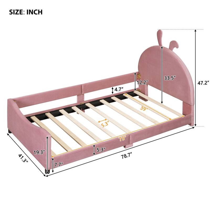 Playful Twin Daybed with Rabbit Ear Headboard, Velvet Upholstery, and Sturdy Wood Frame for Kids' Rooms