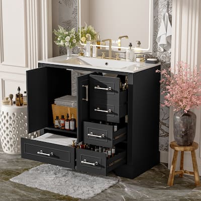 36" Traditional Bathroom Vanity with Ceramics Sink, Bathroom Cabinet with Two Soft Close Doors and Four Drawers