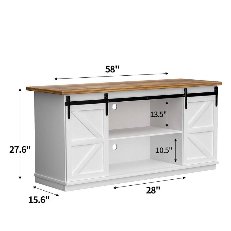 TV Stand 2 -shelf for TVs 43'' up to 65''. Simple living and Modern Mid-century, farmhouse barn door -easy to store something