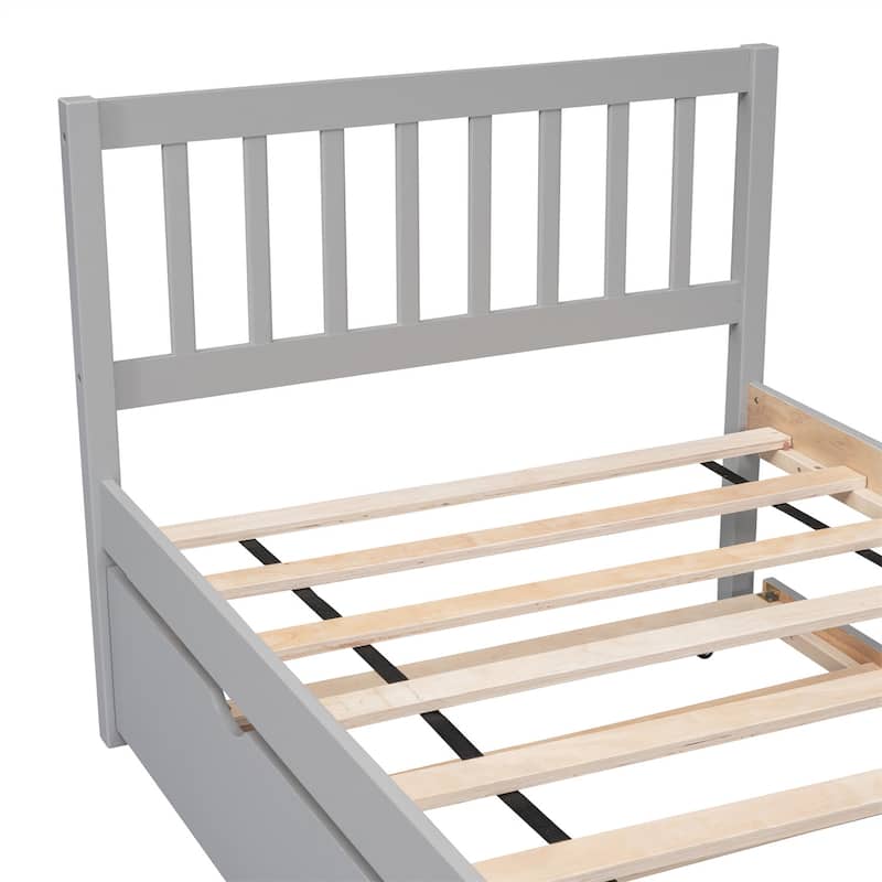 Modern Wooden Twin Size Platform Bed Frame with Trundle Bed, Slats
