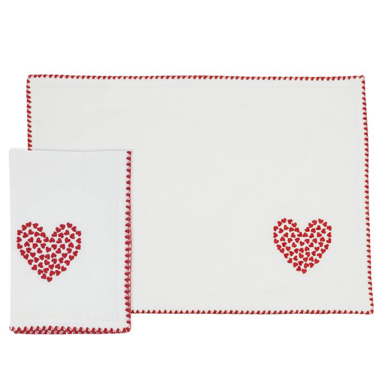 Embroidered Heart Scatter Placemats & Napkins (Set of 8) - Red Mini Heart Table Linens with Scalloped Trim, 13"x19" / 18"x18"