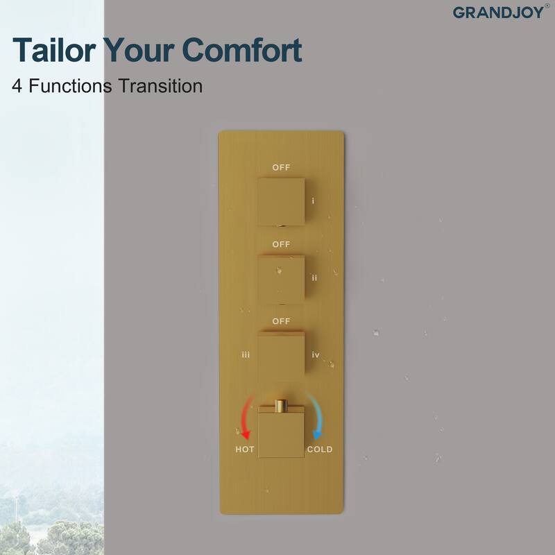 GRANDJOY Thermostatic Triple-Function LED Rain and Waterfall Shower System with Handheld and Built-In Music