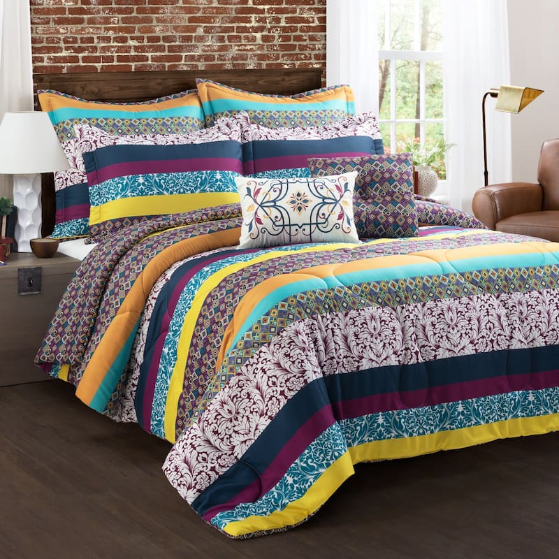 Lush Decor Boho Stripe Reversible Oversized Comforter - Plum & Yellow - King