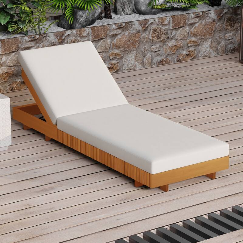 Modern Acacia Wood Outdoor Chaise Lounge with 6-position Adjustable Backrests and Water-resistant Cushions - Double Fold Cream