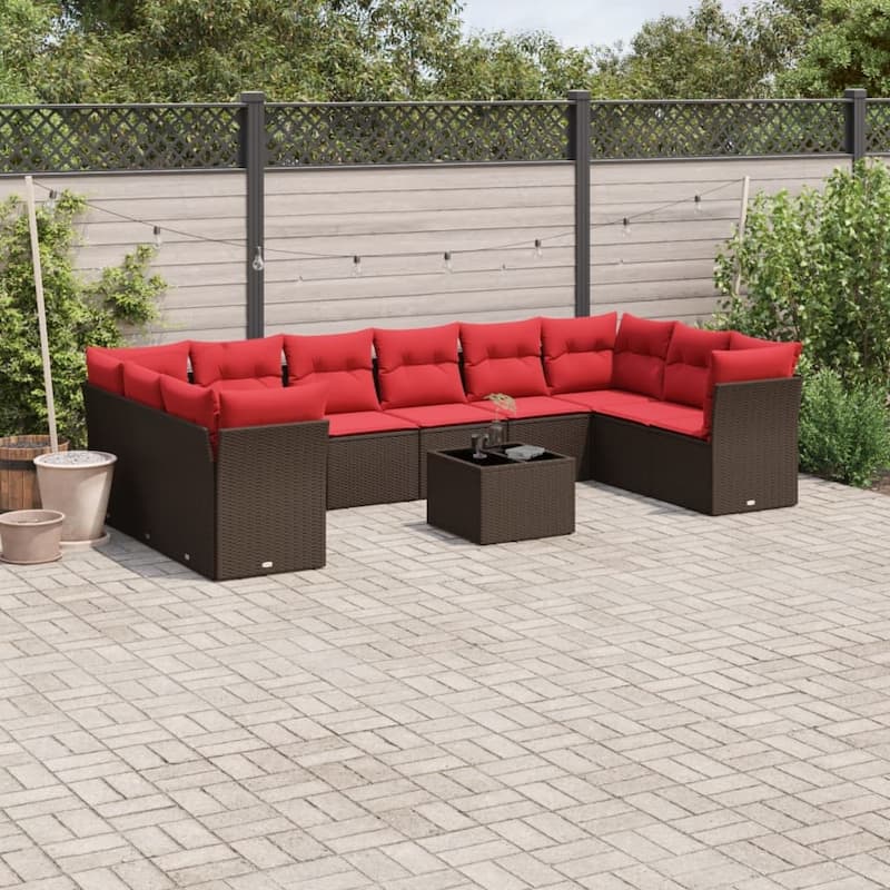 vidaXL 10/11 Piece Patio Sofa Set with Cushions Brown/Gray Poly Rattan - 21.7 x 24.4 x 27.2