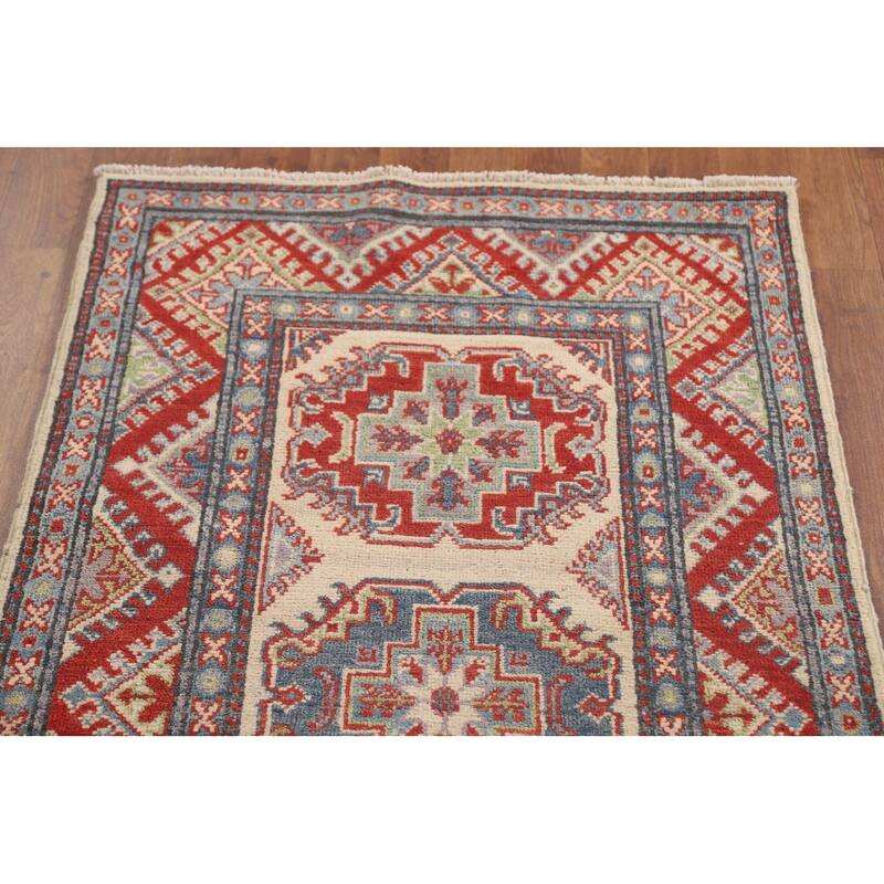 Geometric Kazak Runner Rug Handmade Beige Wool Carpet - 2'7" x 15'6"