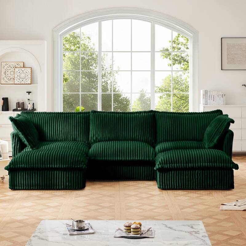 120" U-Shaped Corduroy Sectional Sofa with Slipcover & Cloud Cushions - Green