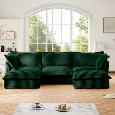 120" U-Shaped Corduroy Sectional Sofa with Slipcover & Cloud Cushions