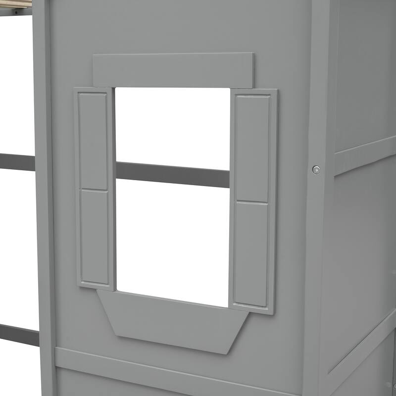 Wooden Twin/Full Size House Loft Bed w/Ladder, Solid Wood Bedframe