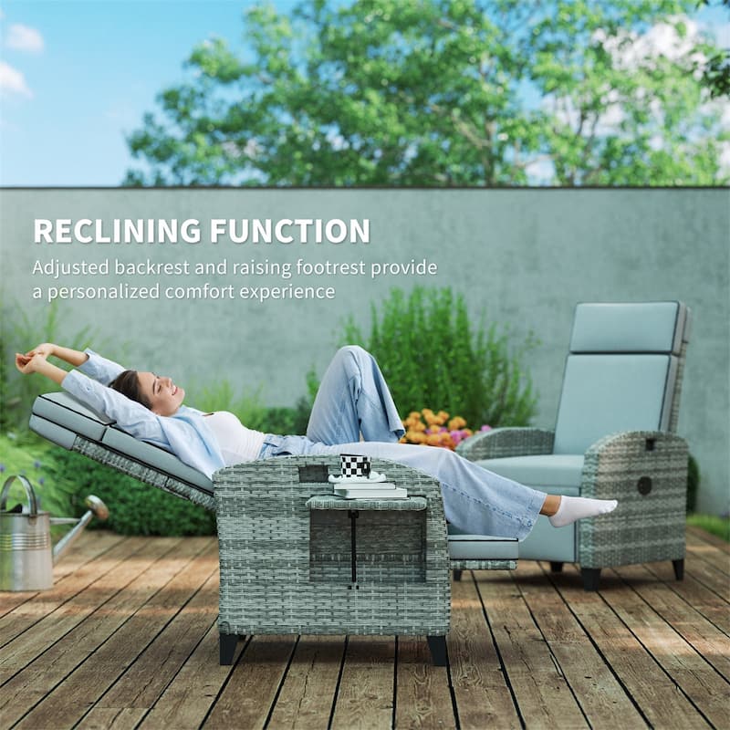 Outdoor Patio Recliner Chair with Footrest and Pop Out Table PE Wicker Cushioned Lounger for Garden Backyard and Poolside