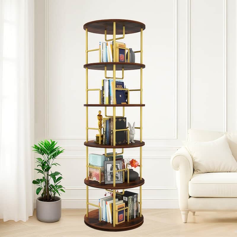 5 Tier Rotating Bookshelf (Gold) - 360° Display Round Spinning Bookshelf, Wood & Metal Stackable Spinning Bookshelf Tower. - Golden