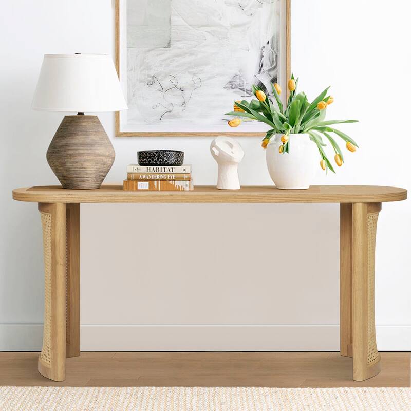 60" Solid Rattan Console Table - Oak