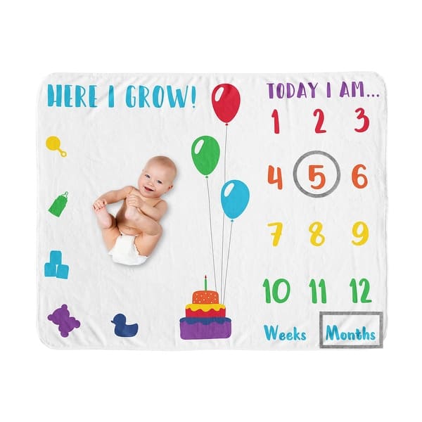 slide 2 of 6, Sweet Jojo Designs Birthday Party Boy Girl Gender Neutral Unisex Baby Monthly Milestone Blanket Rainbow Multicolor Balloons Cake