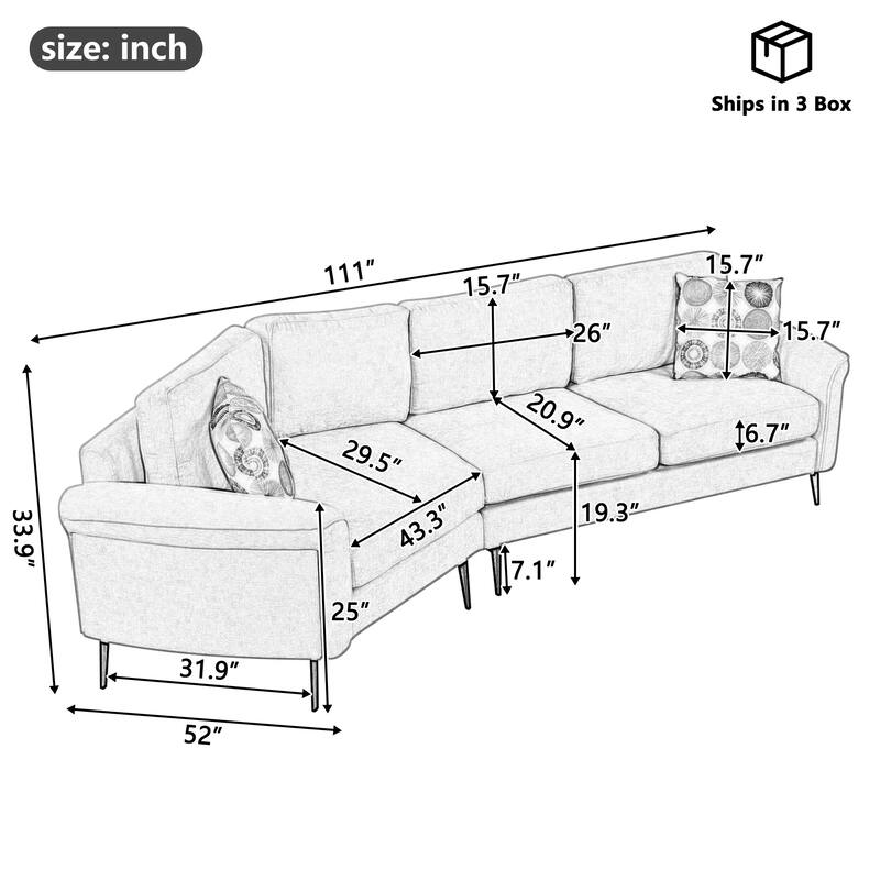 111" 3 Seater Sofa Couch, Chenille Curved Sofa Couch with 2 Printed Pillows Modern Upholstered Sofa for Living Room