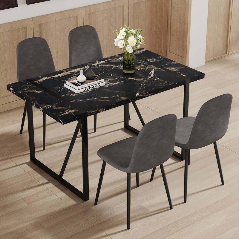 5-Piece Rectangular Dining Table Set, Kitchen Dining Table Set for 4 with 4 Linen Dining Chairs for Dining Room - Black,Dark Gray