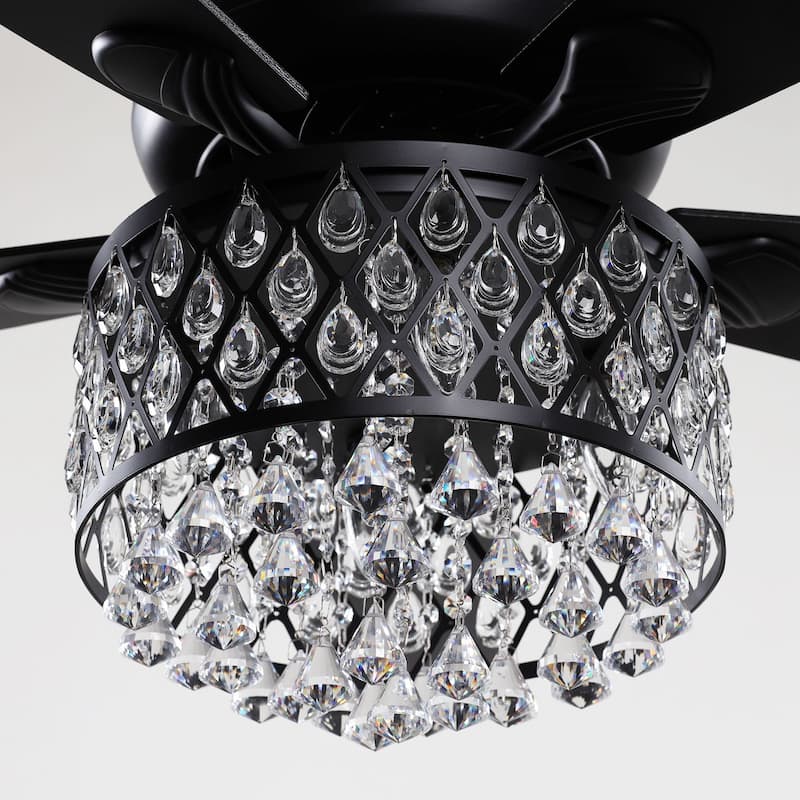 52" Indoor Black Crystal Chandelier Ceiling Fan With Light and Remote - 52"W x 52"D x 17"H