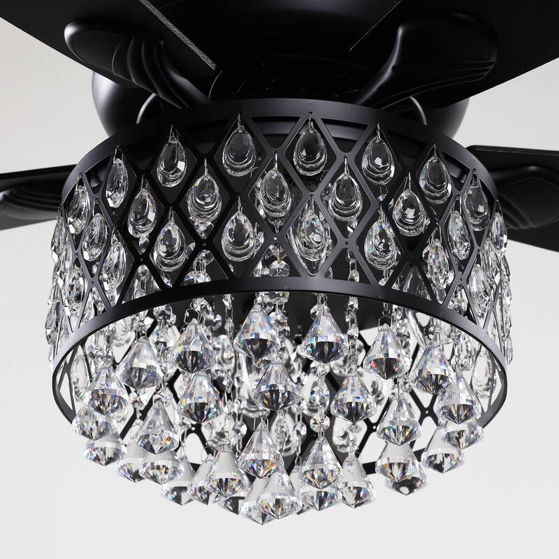 Modern 52-inch Black 5-Blade Crystal Ceiling Fan with Remote - 52 Inches