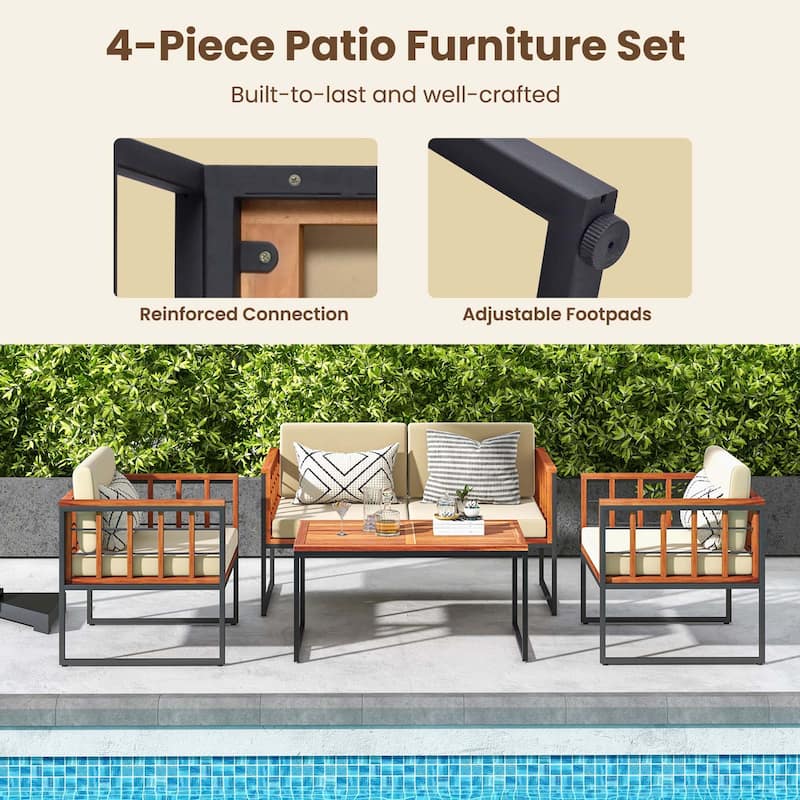 Costway 4 PCS Acacia Wood Outdoor Sofa Set with Heavy Duty Metal Frame - See Details