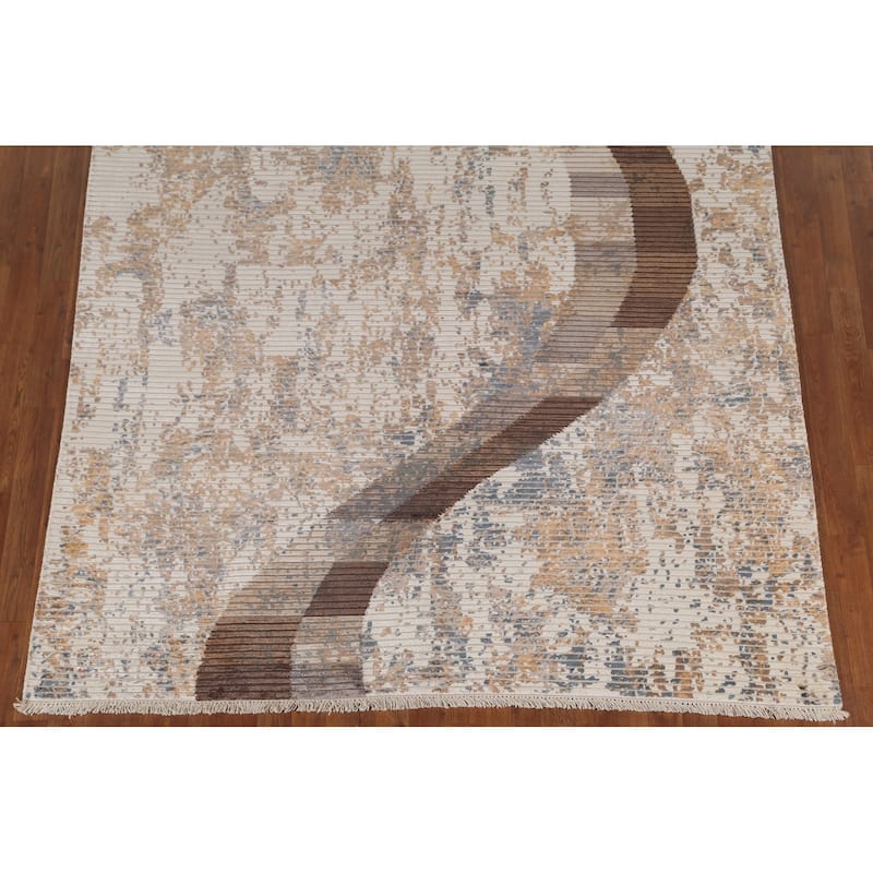 Striped Beige Abstract Oriental Area Rug Handmade Wool Carpet - 6'6"x 9'1"