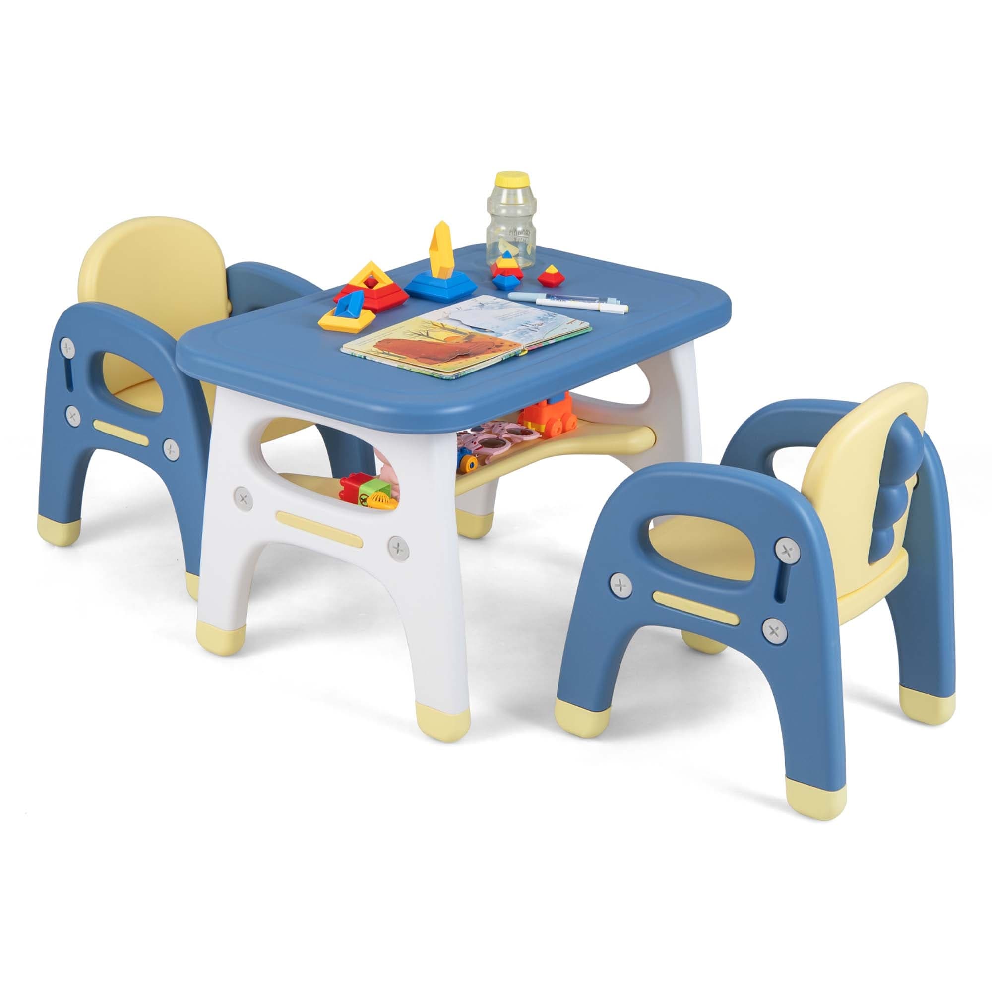 Costway Kids Art Table & Chairs Set Wooden Drawing Desk with