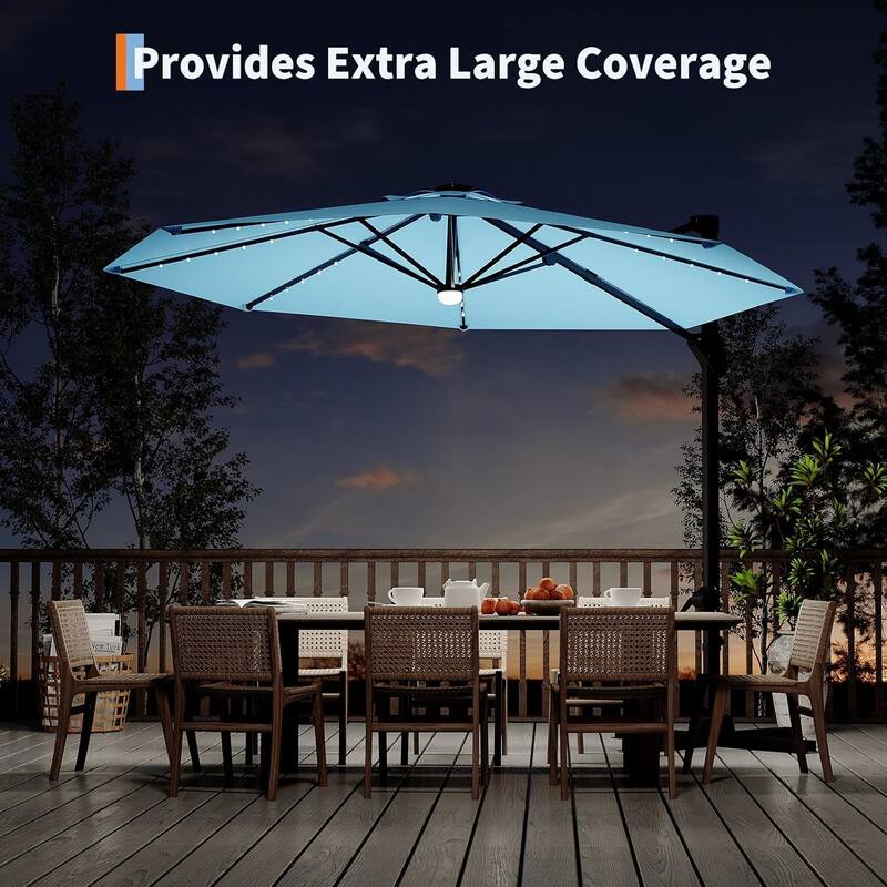 10FT Cantilever Patio Umbrella with Solar Lights, 360° Rotation Offset Umbrella