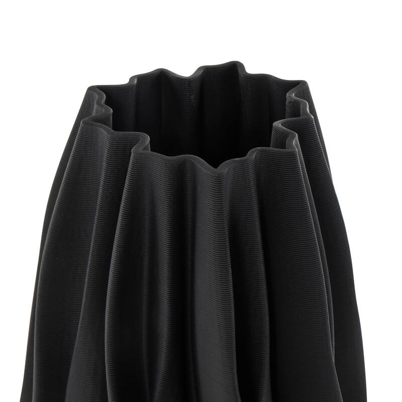 Black Ceramic Dimensional Wavy Ribbed Abstract Vase with Floral Shaped Rim