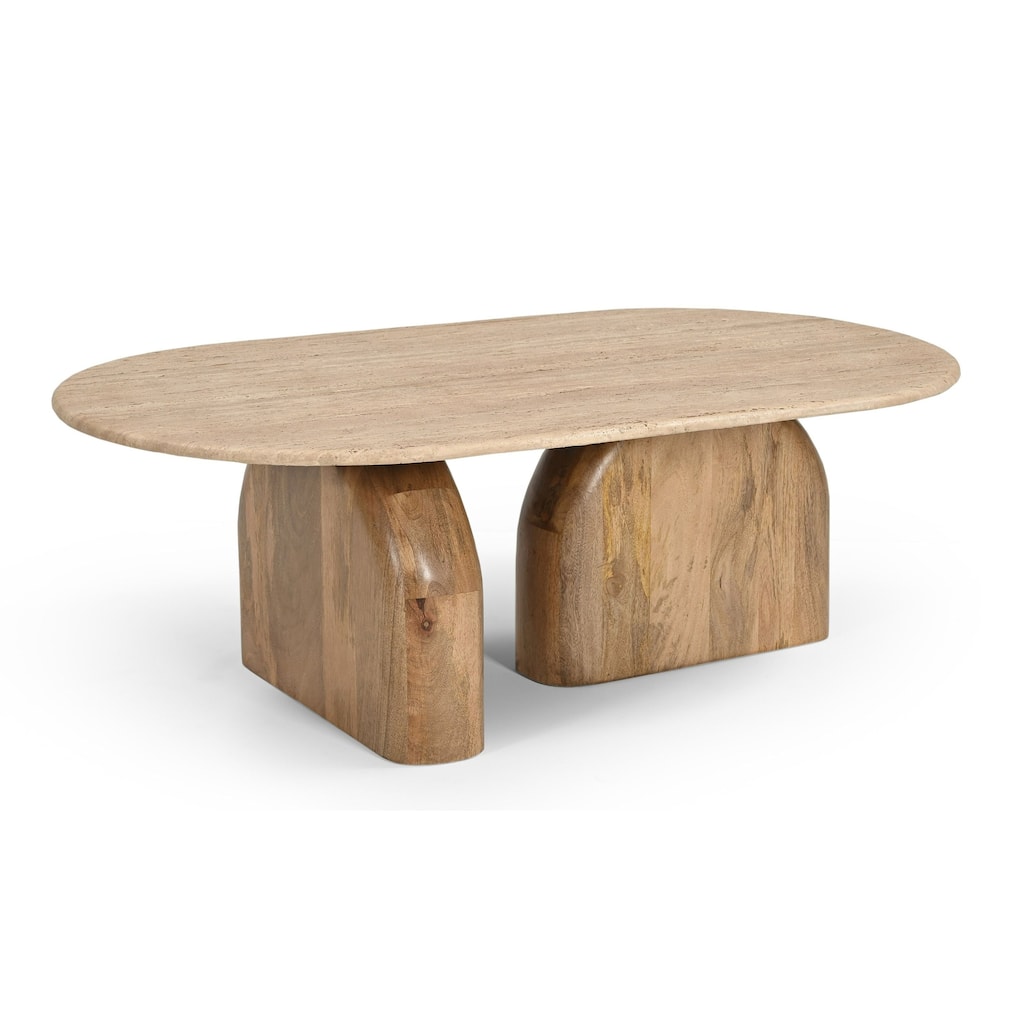 Cid Elis Coffee Table, Beige Travertine Marble and Solid Wood, 47 Inch