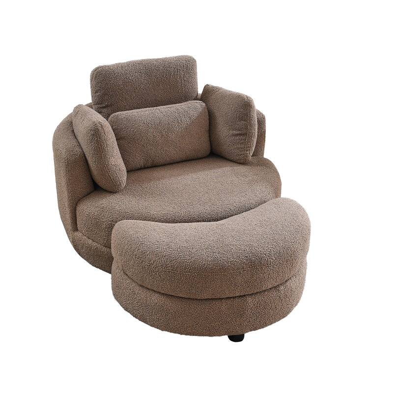 Oversized Teddy Fabric Swivel Barrel Chair with Moon Ottoman & 4 Pillows
