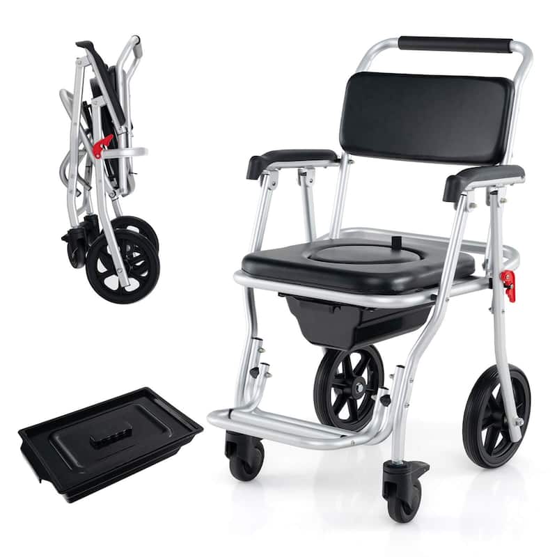 Costway 4-in-1 Bedside Commode Chair with Brakes, Bucket Footrest - See Details - Black+ Silver - See Details