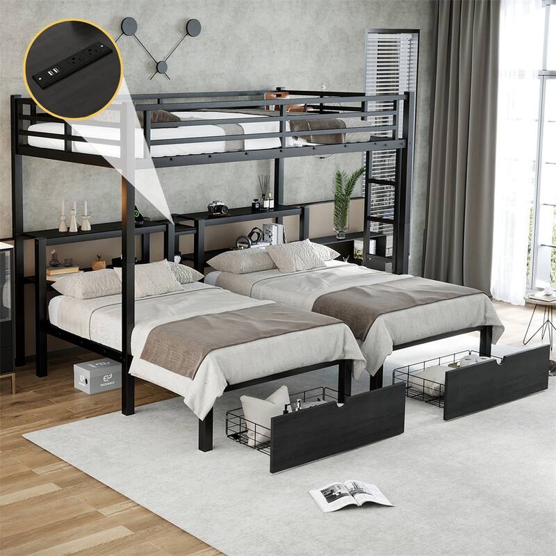 Full XL Over Twin & Twin Triple Bunk Bed with Drawers,Metal Frame Bed